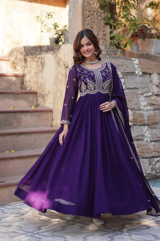 ELEGANT FAUX BLOOMING EMBROIDERED GOWN WITH SEQUINS & BEADS WORK DUPATTA FOR WOMEN