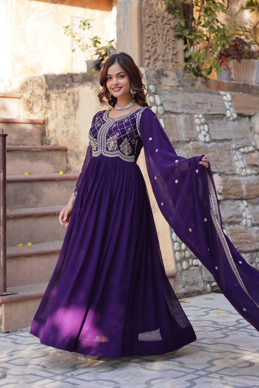 ELEGANT FAUX BLOOMING EMBROIDERED GOWN WITH SEQUINS & BEADS WORK DUPATTA FOR WOMEN