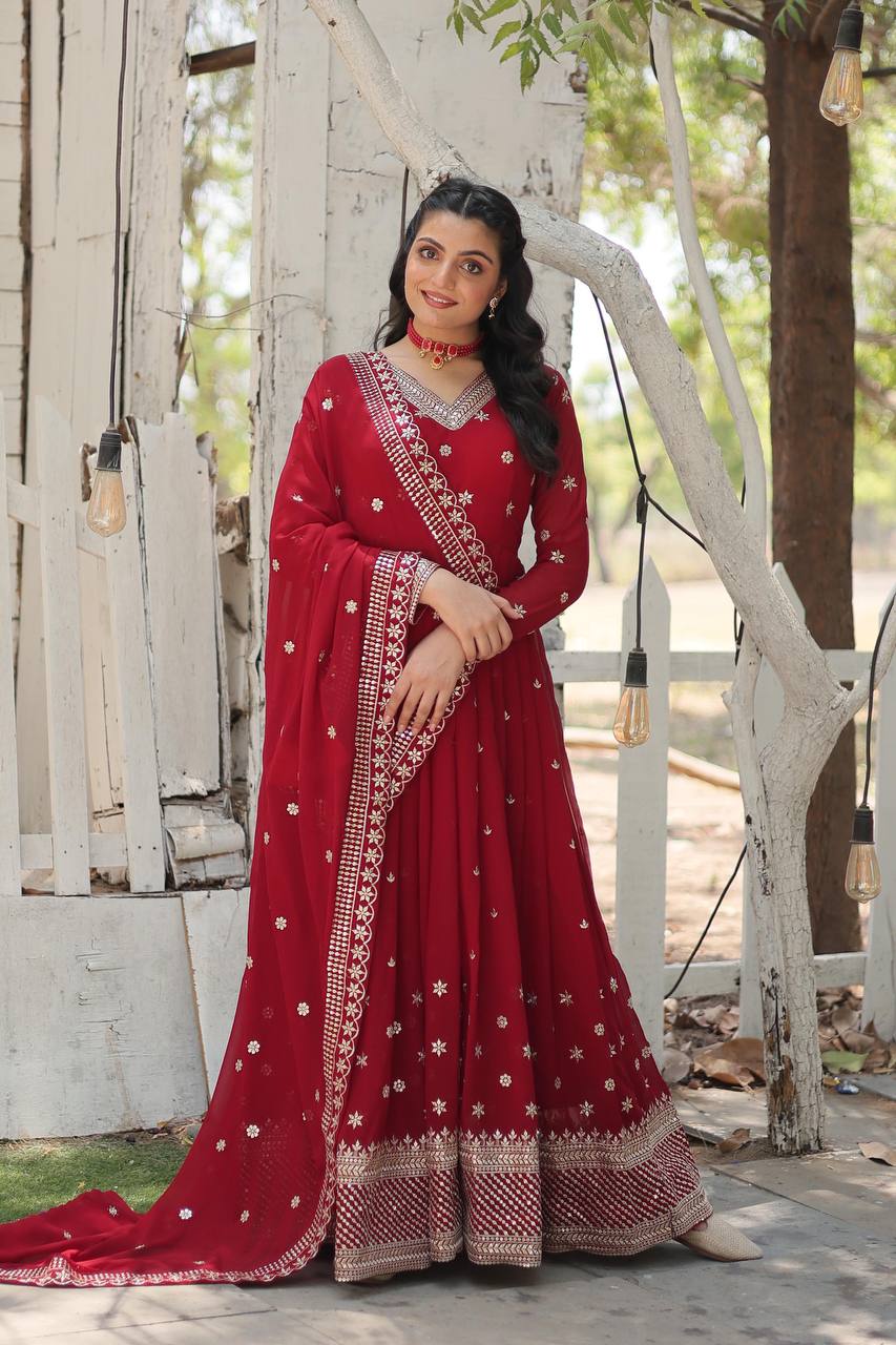 ELEGANT DESIGNER ANARKALI GOWN SET WITH SEQUINS EMBROIDERY AND ARCO-CUT DUPATTA