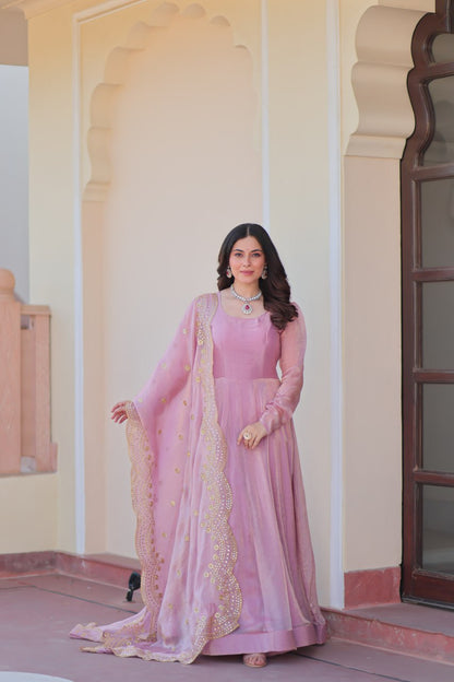 FENDY CHIFFON EMBROIDERED GOWN WITH DUPATTA FOR WOMEN – 12 KALI DESIGN WITH SEQUINS & ZARI WORK