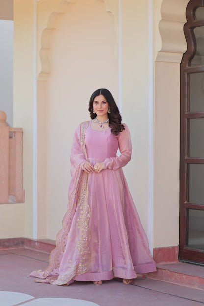 FENDY CHIFFON EMBROIDERED GOWN WITH DUPATTA FOR WOMEN – 12 KALI DESIGN WITH SEQUINS & ZARI WORK