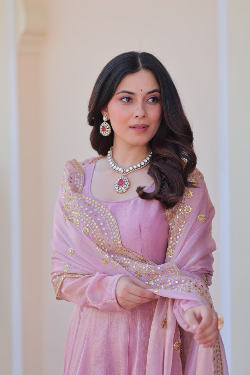 FENDY CHIFFON EMBROIDERED GOWN WITH DUPATTA FOR WOMEN – 12 KALI DESIGN WITH SEQUINS & ZARI WORK