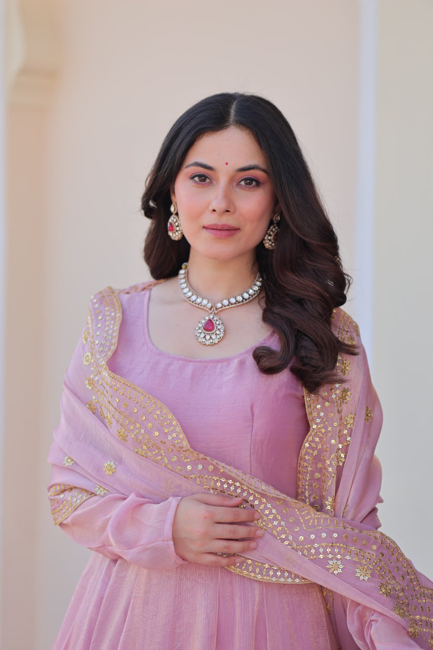 FENDY CHIFFON EMBROIDERED GOWN WITH DUPATTA FOR WOMEN – 12 KALI DESIGN WITH SEQUINS & ZARI WORK