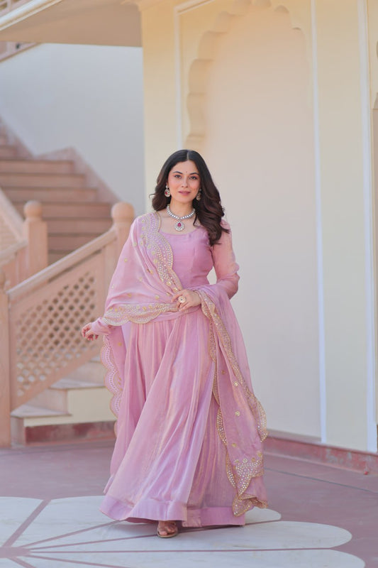 FENDY CHIFFON EMBROIDERED GOWN WITH DUPATTA FOR WOMEN – 12 KALI DESIGN WITH SEQUINS & ZARI WORK