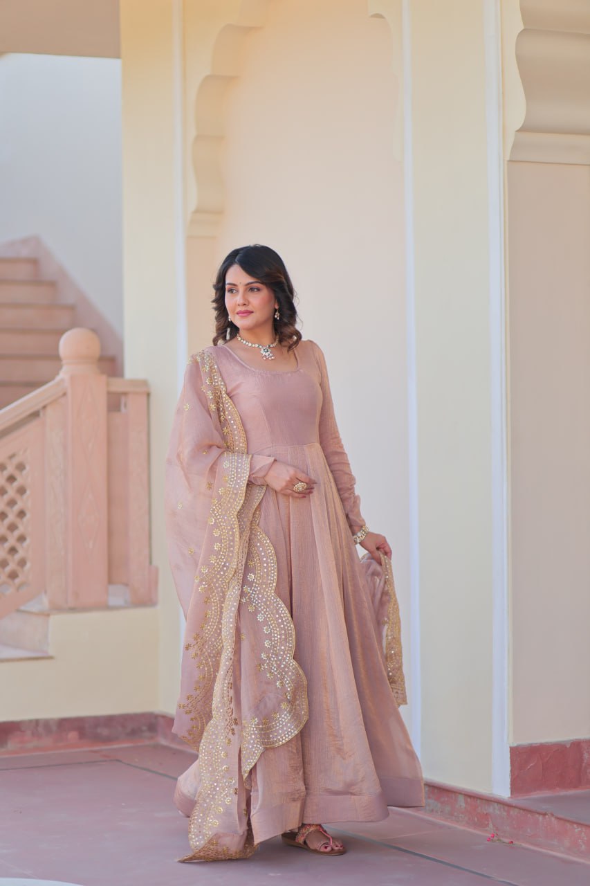 FENDY CHIFFON EMBROIDERED GOWN WITH DUPATTA FOR WOMEN – 12 KALI DESIGN WITH SEQUINS & ZARI WORK