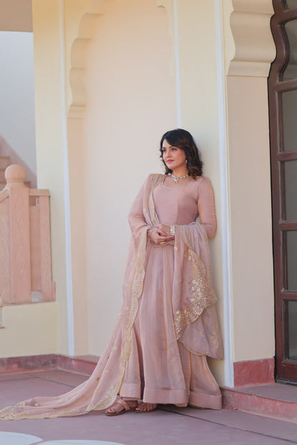 FENDY CHIFFON EMBROIDERED GOWN WITH DUPATTA FOR WOMEN – 12 KALI DESIGN WITH SEQUINS & ZARI WORK