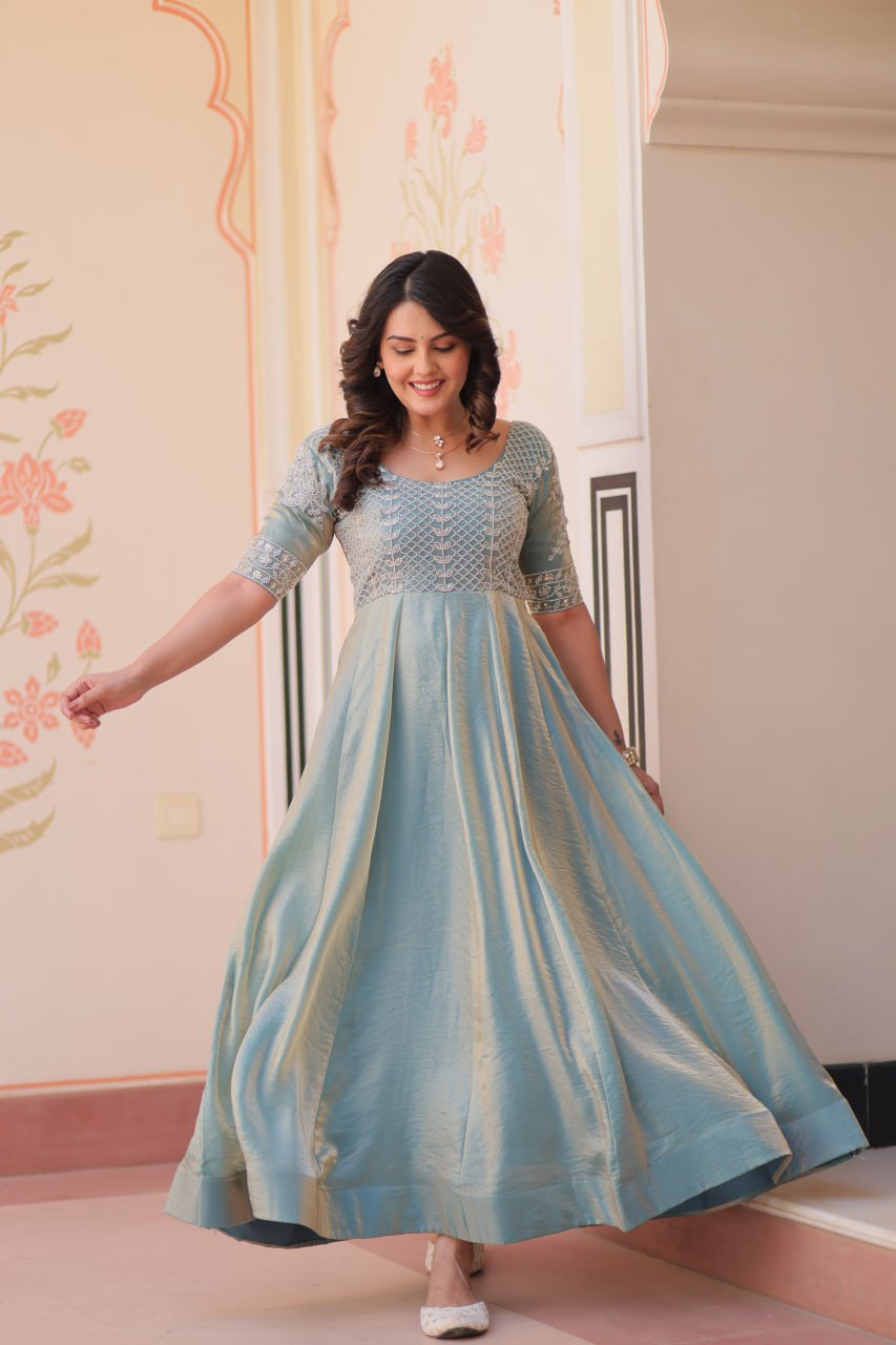 FENDY EMBROIDERED GOWN FOR WOMEN WITH BEADS WORK AND KALI PATTERN STITCHING