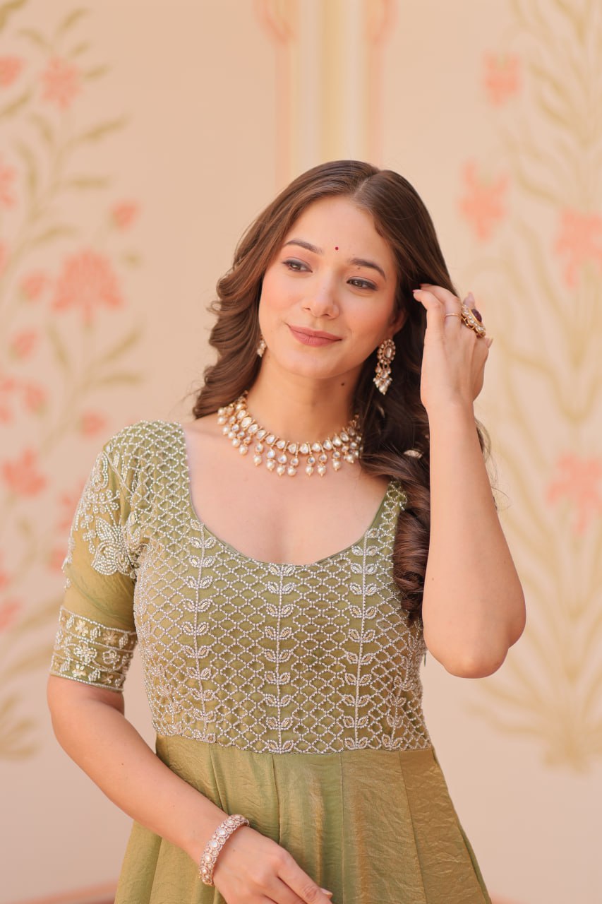FENDY EMBROIDERED GOWN FOR WOMEN WITH BEADS WORK AND KALI PATTERN STITCHING