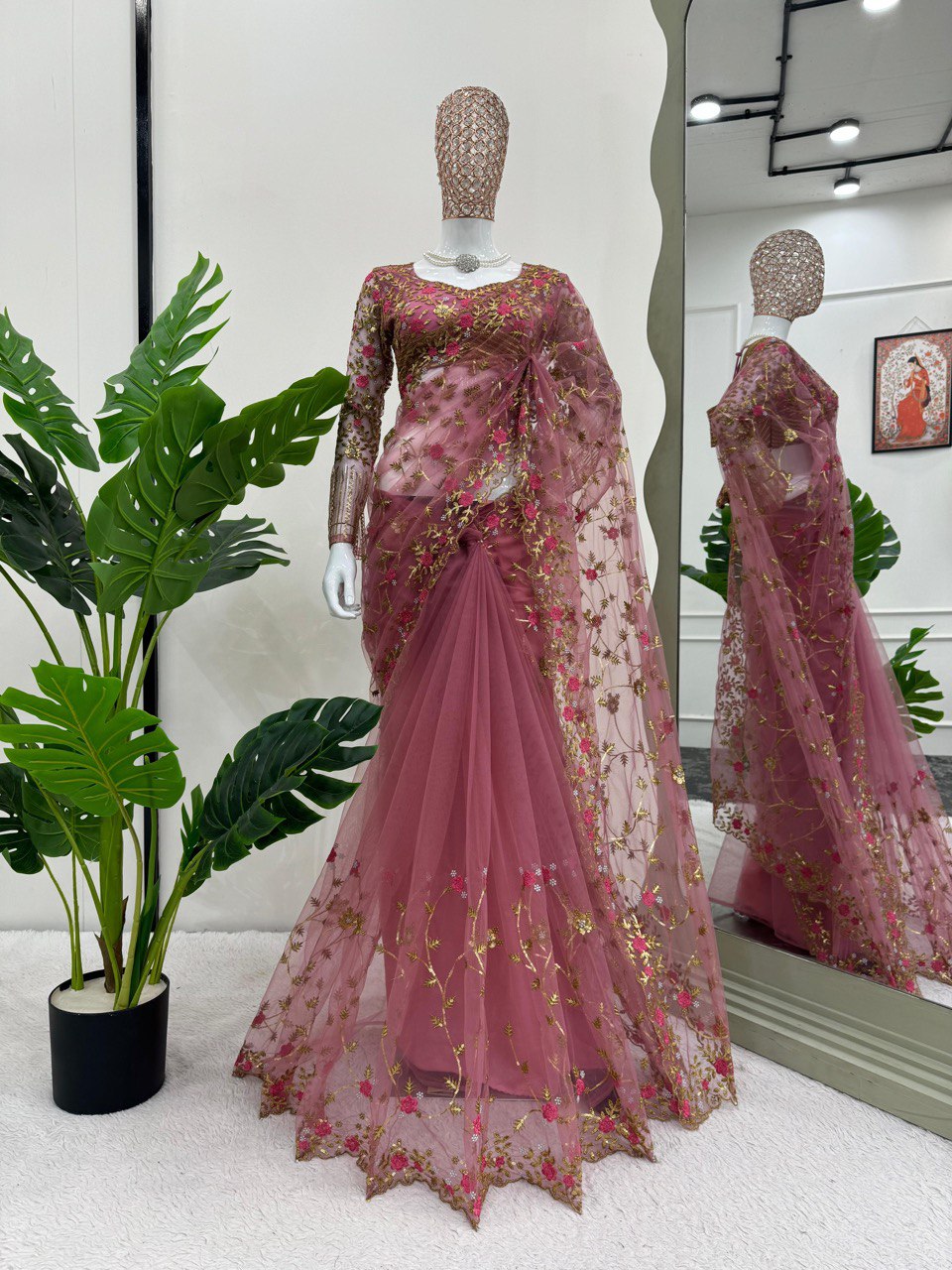 ELEGANT DESIGNER SOFT NET SAREE WITH THREAD & SEQUINS EMBROIDERY WORK | UNSTITCHED BLOUSE