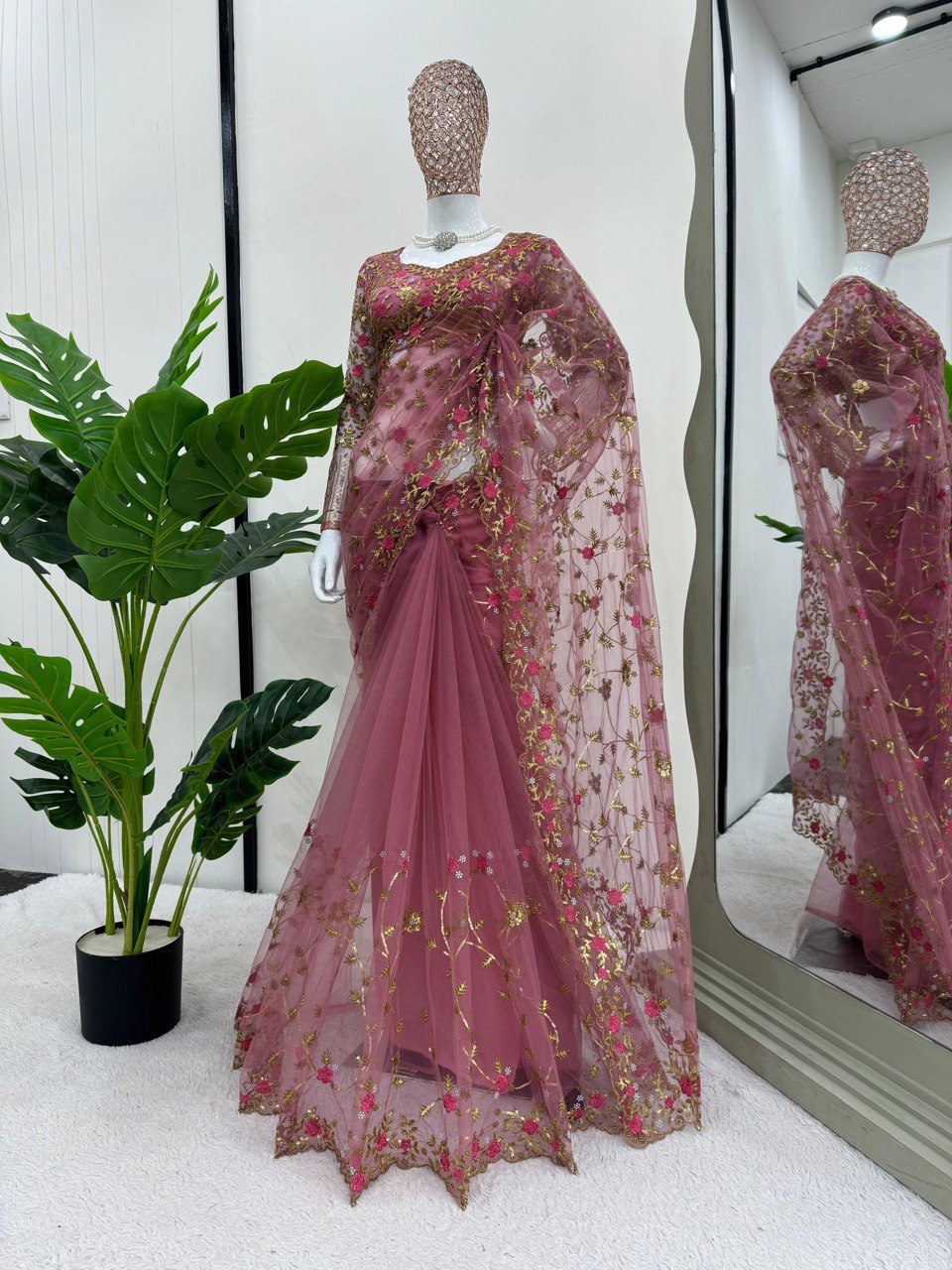 ELEGANT DESIGNER SOFT NET SAREE WITH THREAD & SEQUINS EMBROIDERY WORK | UNSTITCHED BLOUSE