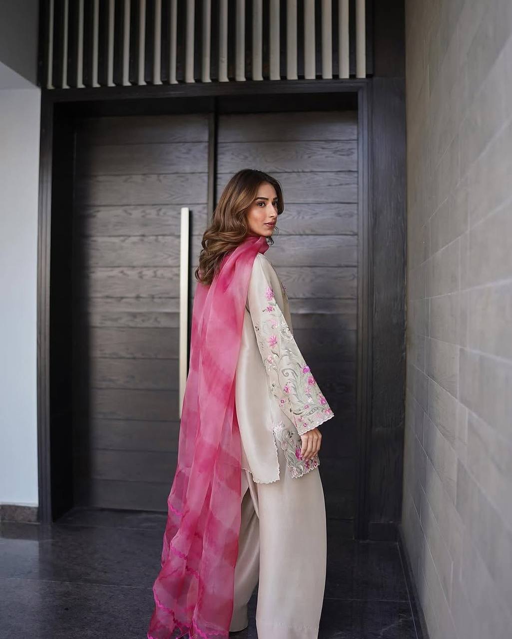 EXCLUSIVE DESIGNER FARSI SALWAR SUIT IN FRENCH CRAPE WITH EMBROIDERY & PRINTED ORGANZA DUPATTA