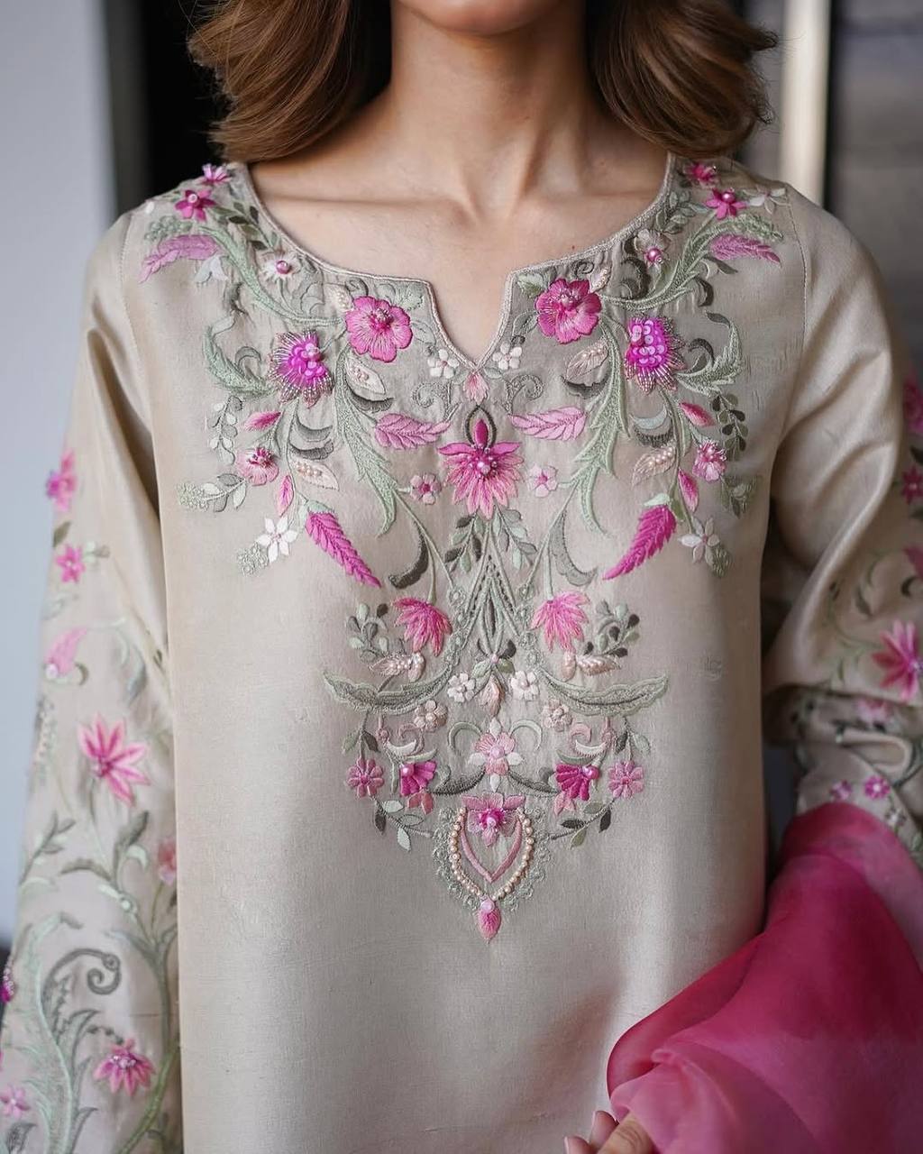 EXCLUSIVE DESIGNER FARSI SALWAR SUIT IN FRENCH CRAPE WITH EMBROIDERY & PRINTED ORGANZA DUPATTA
