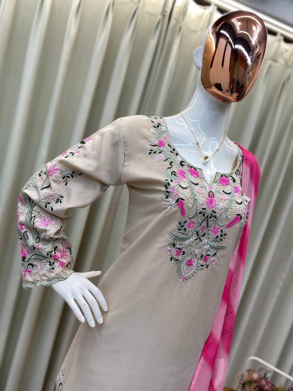 EXCLUSIVE DESIGNER FARSI SALWAR SUIT IN FRENCH CRAPE WITH EMBROIDERY & PRINTED ORGANZA DUPATTA