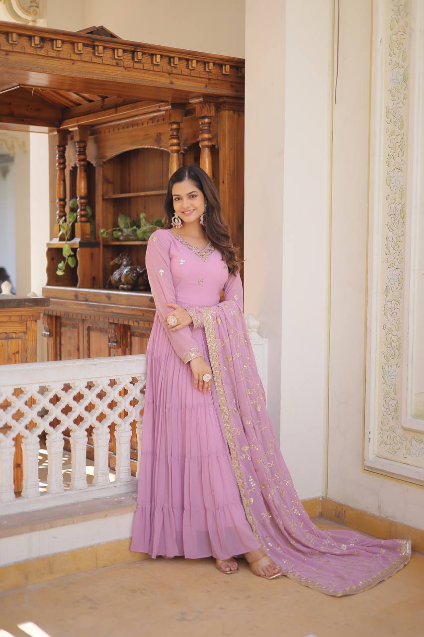 DESIGNER FAUX GEORGETTE GOWN WITH EMBROIDERED DUPATTA – 5 LAYER FRILL STITCHING