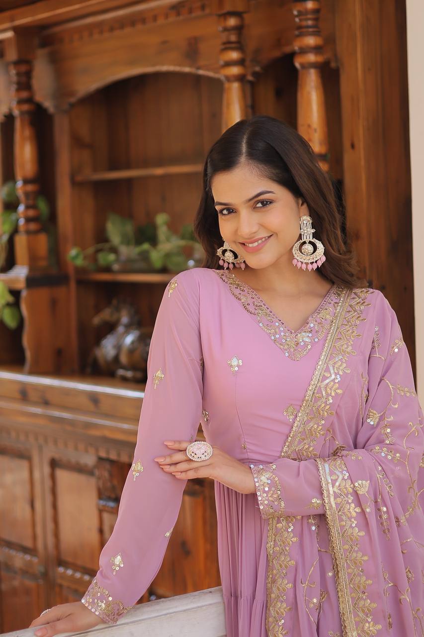 DESIGNER FAUX GEORGETTE GOWN WITH EMBROIDERED DUPATTA – 5 LAYER FRILL STITCHING