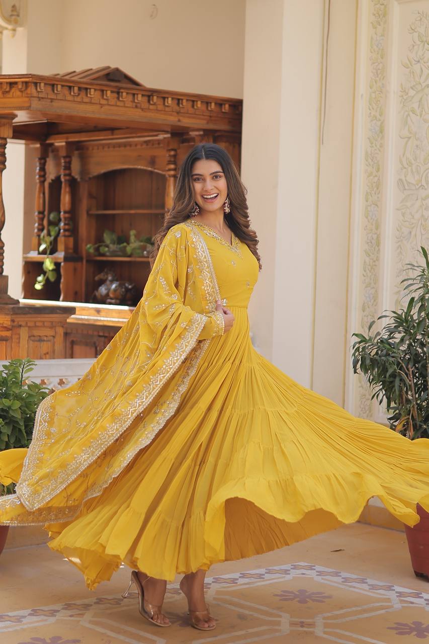 DESIGNER FAUX GEORGETTE GOWN WITH EMBROIDERED DUPATTA – 5 LAYER FRILL STITCHING