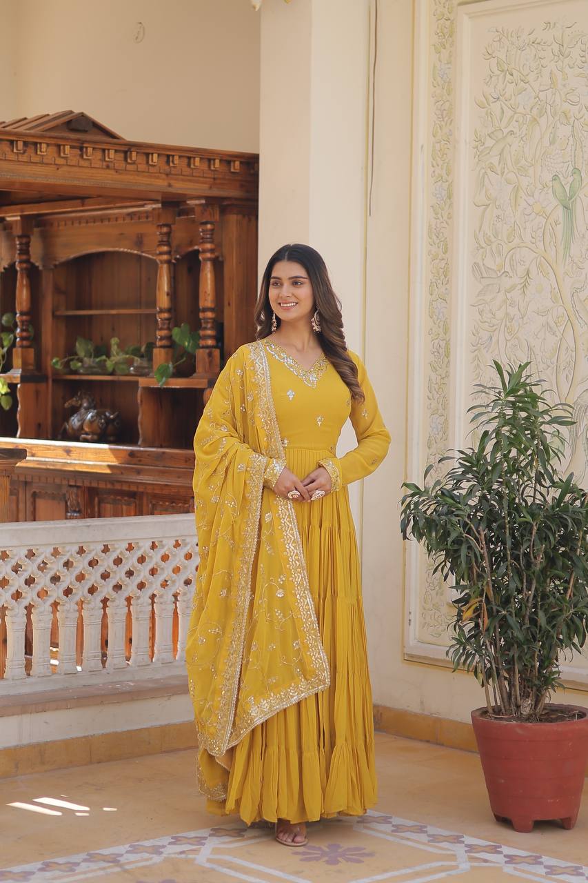 DESIGNER FAUX GEORGETTE GOWN WITH EMBROIDERED DUPATTA – 5 LAYER FRILL STITCHING