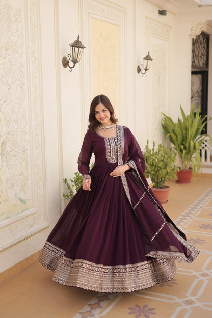 DESIGNER FAUX BLOOMING GOWN WITH SEQUINS EMBROIDERY AND ARCO-CUT DUPATTA