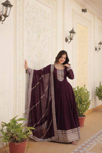 DESIGNER FAUX BLOOMING GOWN WITH SEQUINS EMBROIDERY AND ARCO-CUT DUPATTA