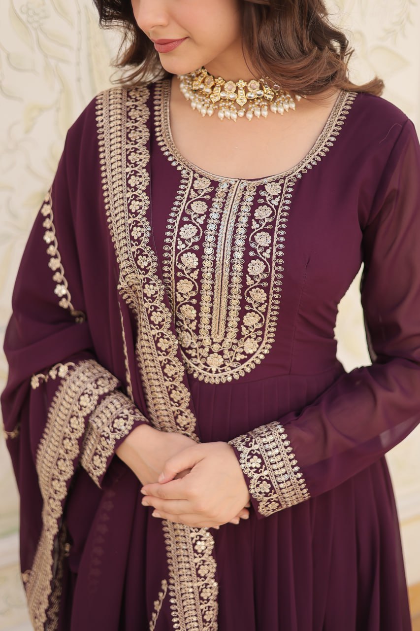 DESIGNER FAUX BLOOMING GOWN WITH SEQUINS EMBROIDERY AND ARCO-CUT DUPATTA