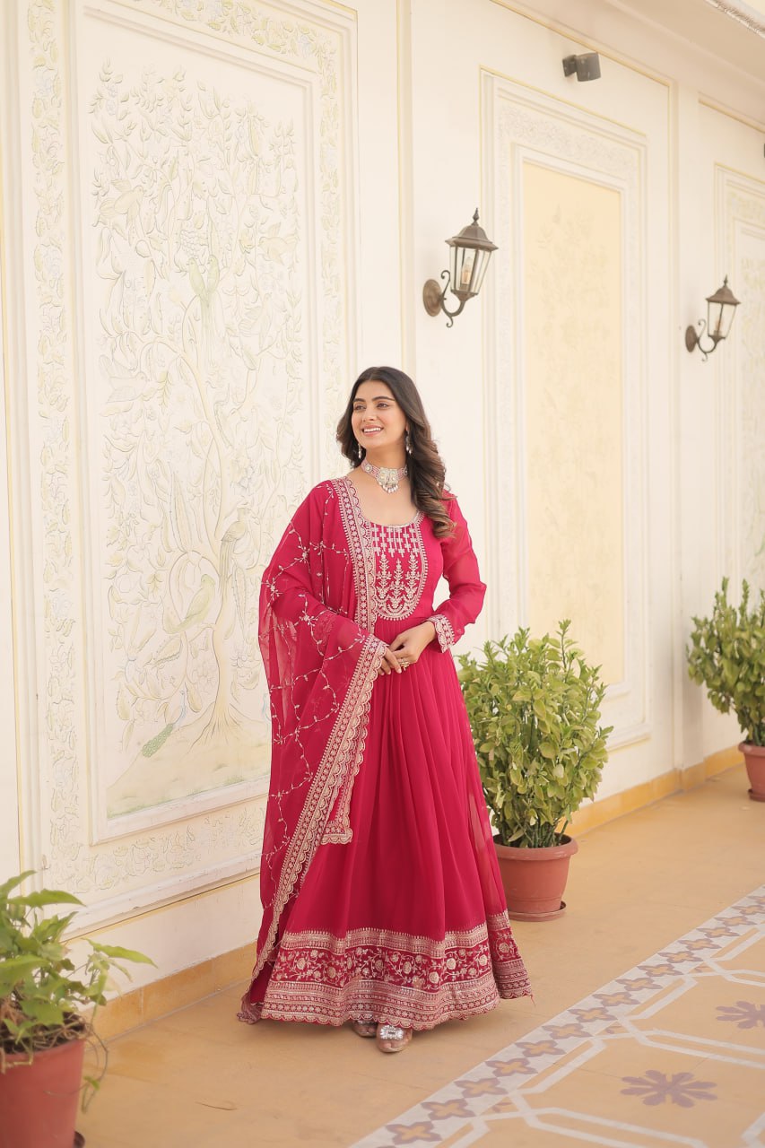 DESIGNER FAUX BLOOMING GOWN WITH SEQUINS EMBROIDERY AND ARCO-CUT DUPATTA