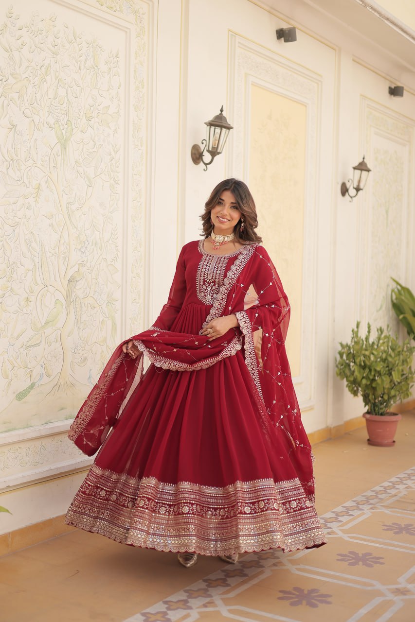 DESIGNER FAUX BLOOMING GOWN WITH SEQUINS EMBROIDERY AND ARCO-CUT DUPATTA