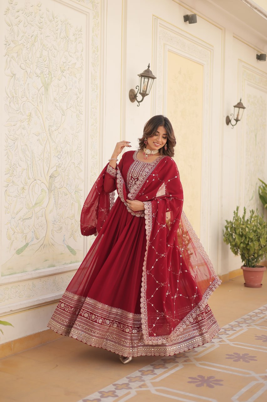 DESIGNER FAUX BLOOMING GOWN WITH SEQUINS EMBROIDERY AND ARCO-CUT DUPATTA