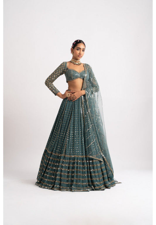 BOTTLE GREEN FAUX GEORGETTE DESIGNER LEHENGA SET WITH MULTI-SIZE SEQUINS & JARI EMBROIDERY