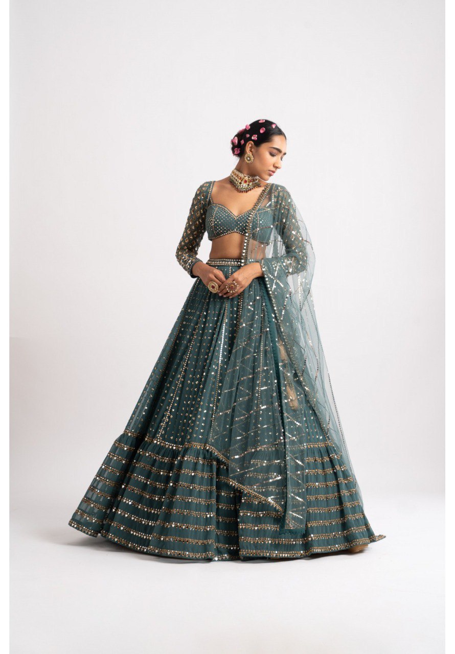 BOTTLE GREEN FAUX GEORGETTE DESIGNER LEHENGA SET WITH MULTI-SIZE SEQUINS & JARI EMBROIDERY