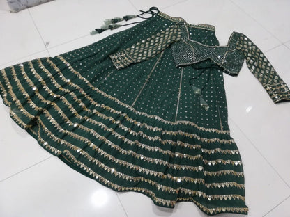 BOTTLE GREEN FAUX GEORGETTE DESIGNER LEHENGA SET WITH MULTI-SIZE SEQUINS & JARI EMBROIDERY