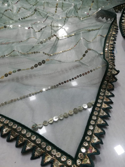 BOTTLE GREEN FAUX GEORGETTE DESIGNER LEHENGA SET WITH MULTI-SIZE SEQUINS & JARI EMBROIDERY