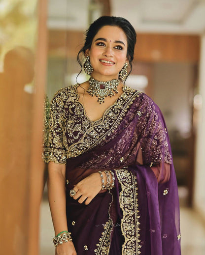 PREMIUM HEAVY ORGANZA SILK DESIGNER SAREE WITH THREAD & SEQUINS EMBROIDERY | UNSTITCHED BLOUSE PIECE