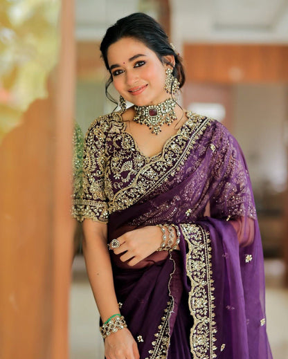 PREMIUM HEAVY ORGANZA SILK DESIGNER SAREE WITH THREAD & SEQUINS EMBROIDERY | UNSTITCHED BLOUSE PIECE