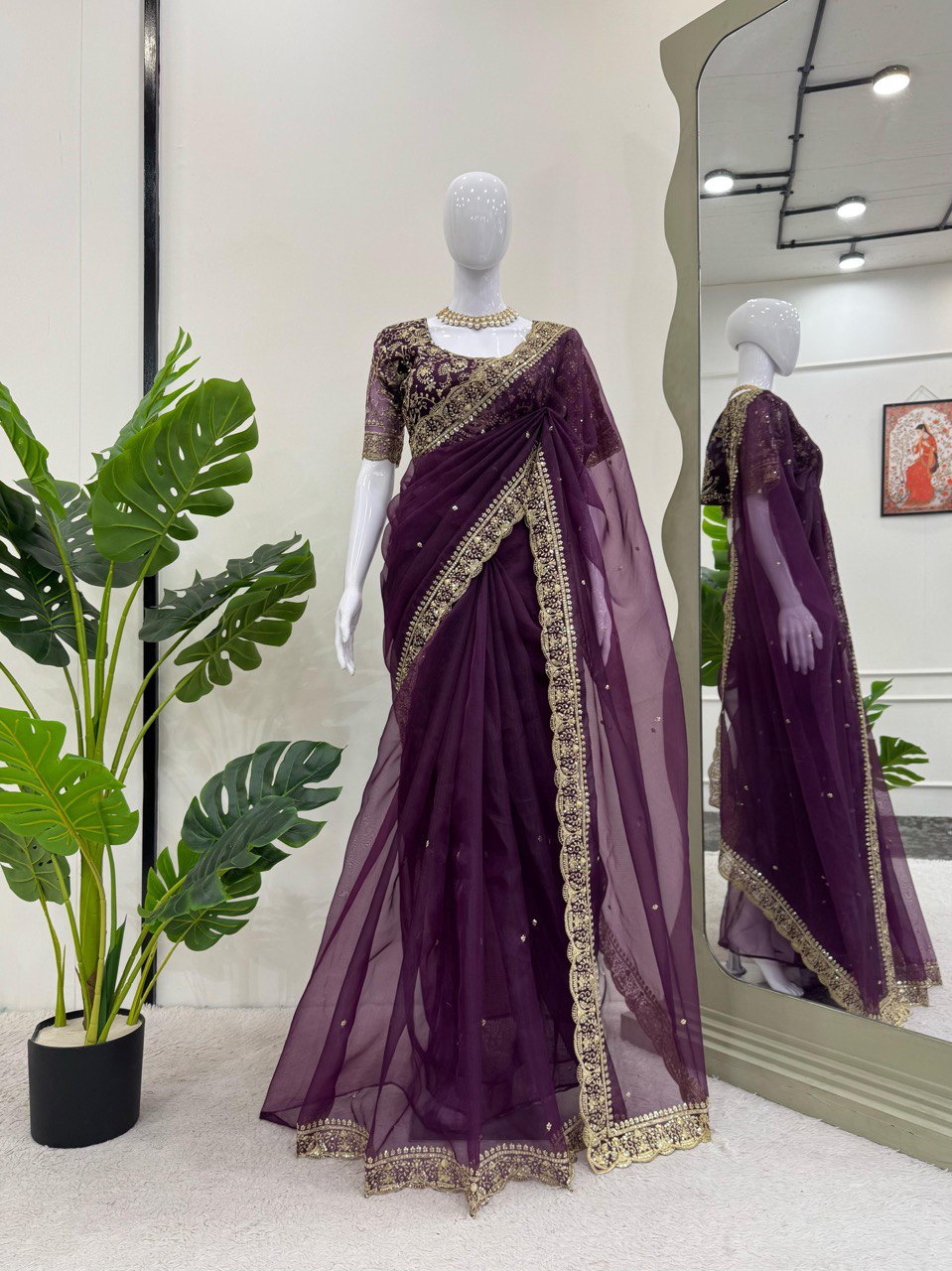 PREMIUM HEAVY ORGANZA SILK DESIGNER SAREE WITH THREAD & SEQUINS EMBROIDERY | UNSTITCHED BLOUSE PIECE