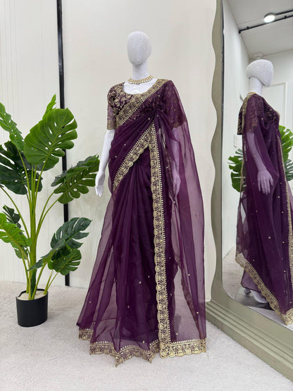 PREMIUM HEAVY ORGANZA SILK DESIGNER SAREE WITH THREAD & SEQUINS EMBROIDERY | UNSTITCHED BLOUSE PIECE