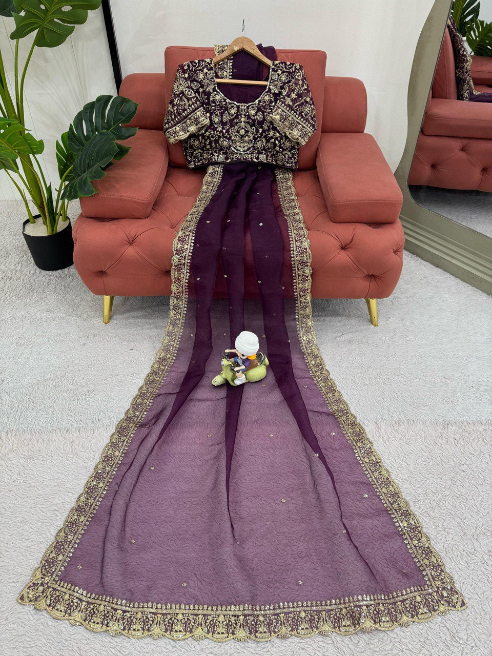 PREMIUM HEAVY ORGANZA SILK DESIGNER SAREE WITH THREAD & SEQUINS EMBROIDERY | UNSTITCHED BLOUSE PIECE