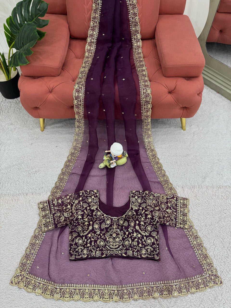 PREMIUM HEAVY ORGANZA SILK DESIGNER SAREE WITH THREAD & SEQUINS EMBROIDERY | UNSTITCHED BLOUSE PIECE