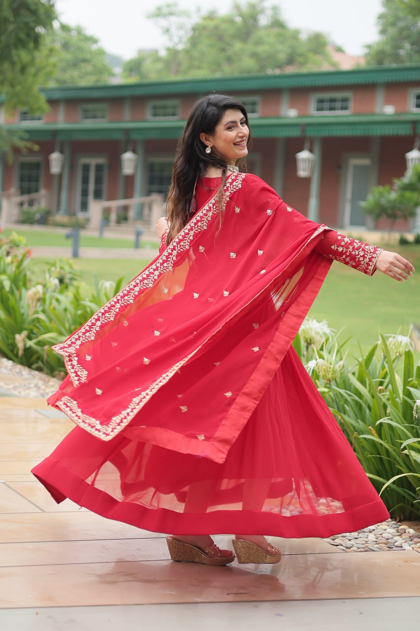 FAUX BLOOMING DESIGNER GOWN WITH SEQUINS & ZARI EMBROIDERED DUPATTA