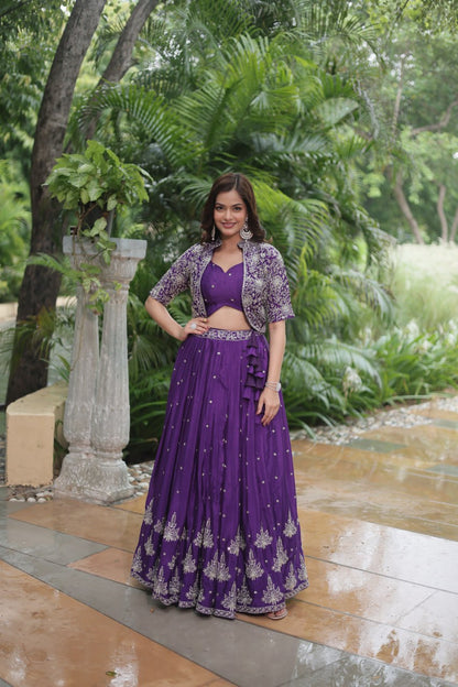 TRENDING DESIGNER CHINNON WITH SEQUINS EMBROIDERED KOTI, BLOUSE & LEHENGA