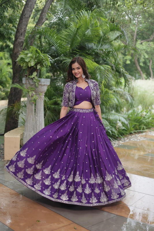 TRENDING DESIGNER CHINNON WITH SEQUINS EMBROIDERED KOTI, BLOUSE & LEHENGA