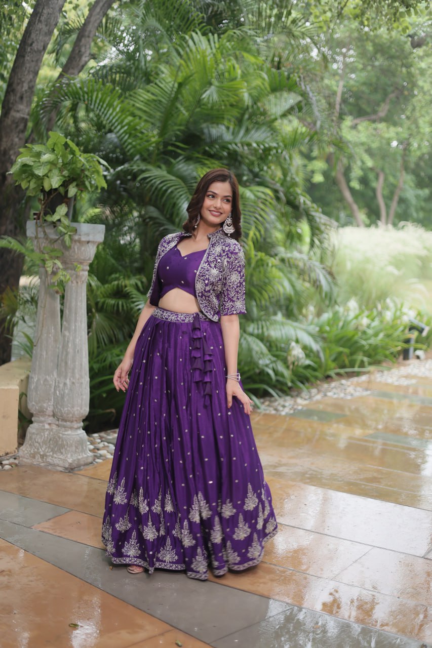 TRENDING DESIGNER CHINNON WITH SEQUINS EMBROIDERED KOTI, BLOUSE & LEHENGA