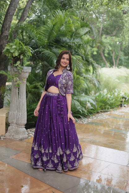 TRENDING DESIGNER CHINNON WITH SEQUINS EMBROIDERED KOTI, BLOUSE & LEHENGA