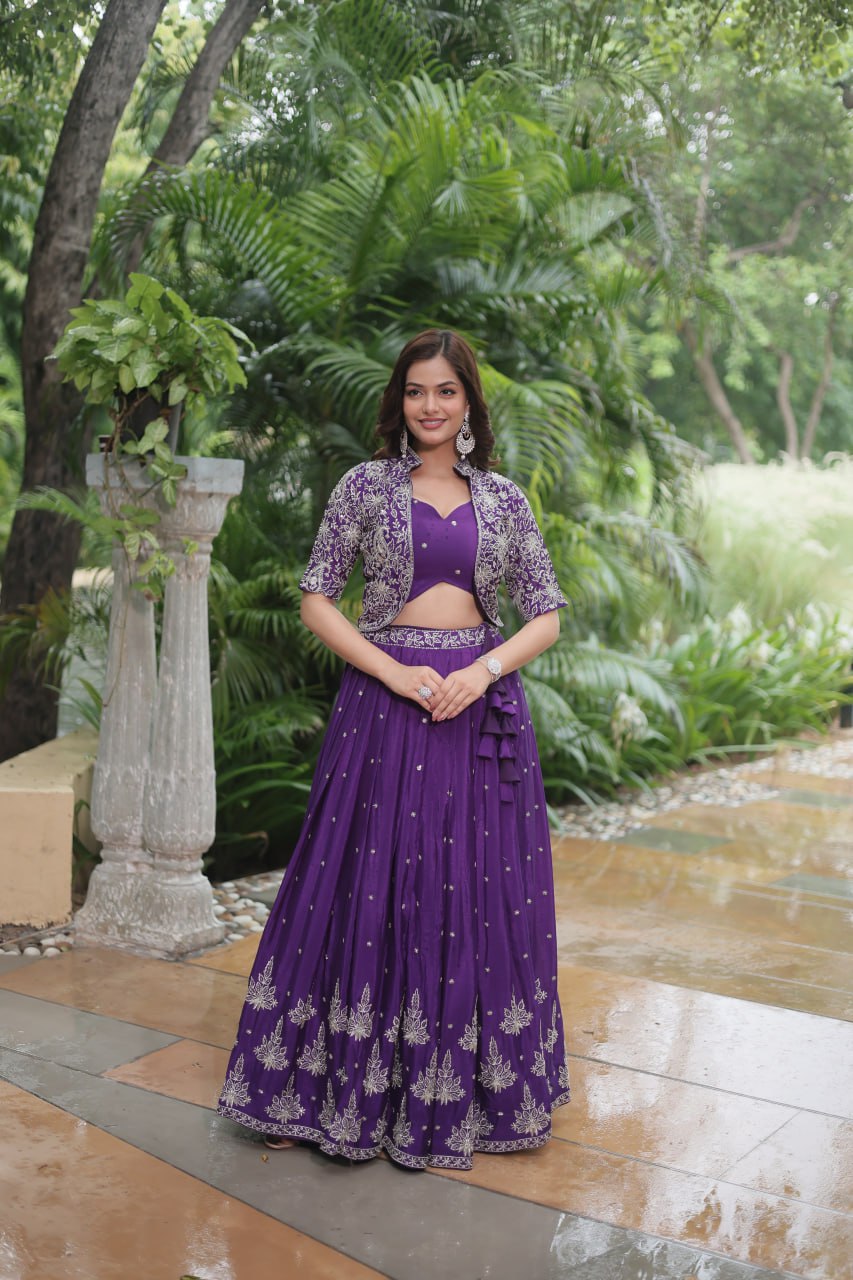 TRENDING DESIGNER CHINNON WITH SEQUINS EMBROIDERED KOTI, BLOUSE & LEHENGA
