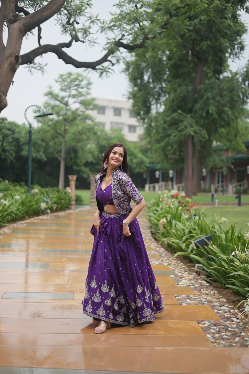 TRENDING DESIGNER CHINNON WITH SEQUINS EMBROIDERED KOTI, BLOUSE & LEHENGA