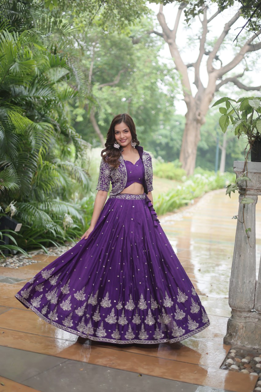 TRENDING DESIGNER CHINNON WITH SEQUINS EMBROIDERED KOTI, BLOUSE & LEHENGA