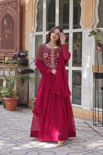 STYLISH FAUX BLOOMING GEORGETTE EMBROIDERED GOWN WITH DESIGNER DUPATTA FOR WOMEN
