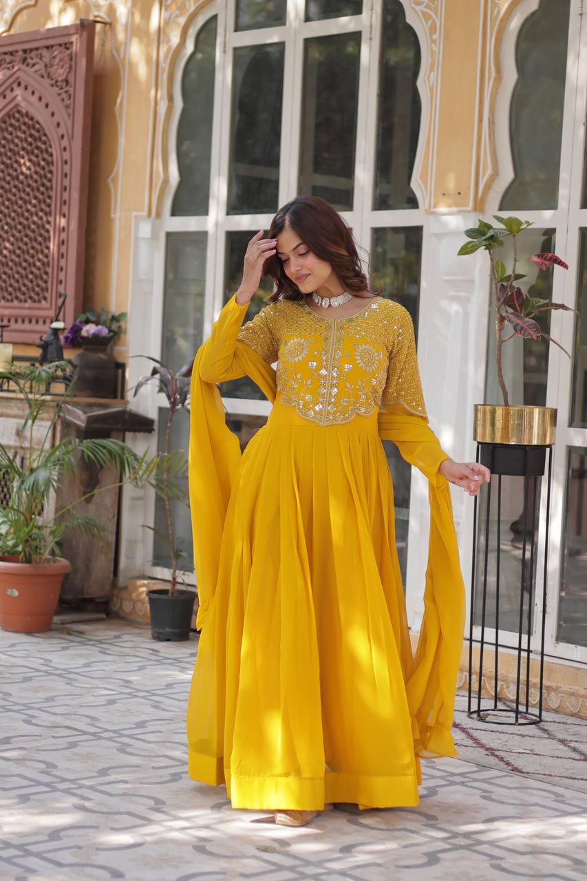 STYLISH FAUX BLOOMING GEORGETTE EMBROIDERED GOWN WITH DESIGNER DUPATTA FOR WOMEN