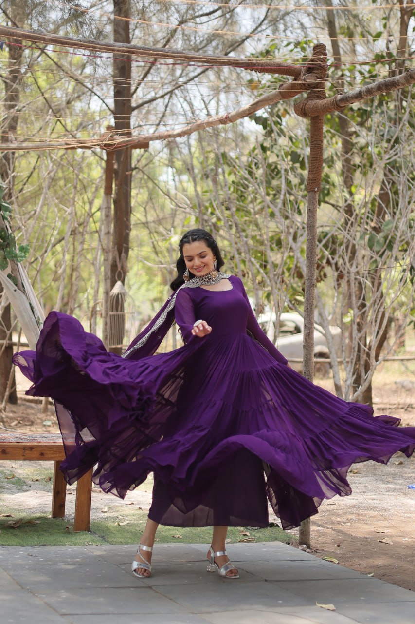 ELEGANT DESIGNER FAUX GEORGETTE GOWN WITH SEQUIN EMBROIDERED DUPATTA