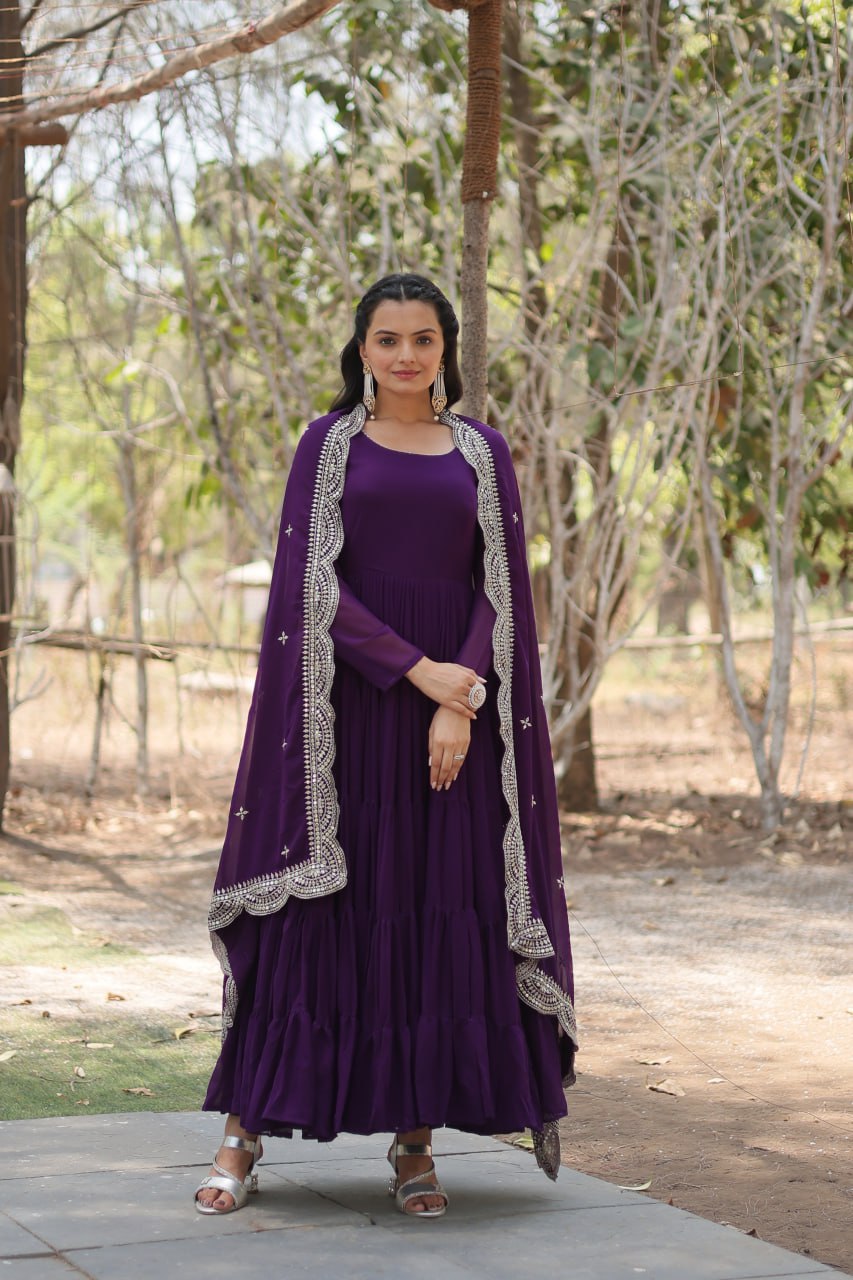 ELEGANT DESIGNER FAUX GEORGETTE GOWN WITH SEQUIN EMBROIDERED DUPATTA