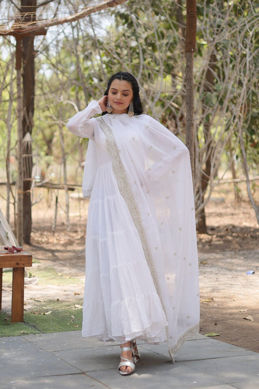 ELEGANT DESIGNER FAUX GEORGETTE GOWN WITH SEQUIN EMBROIDERED DUPATTA